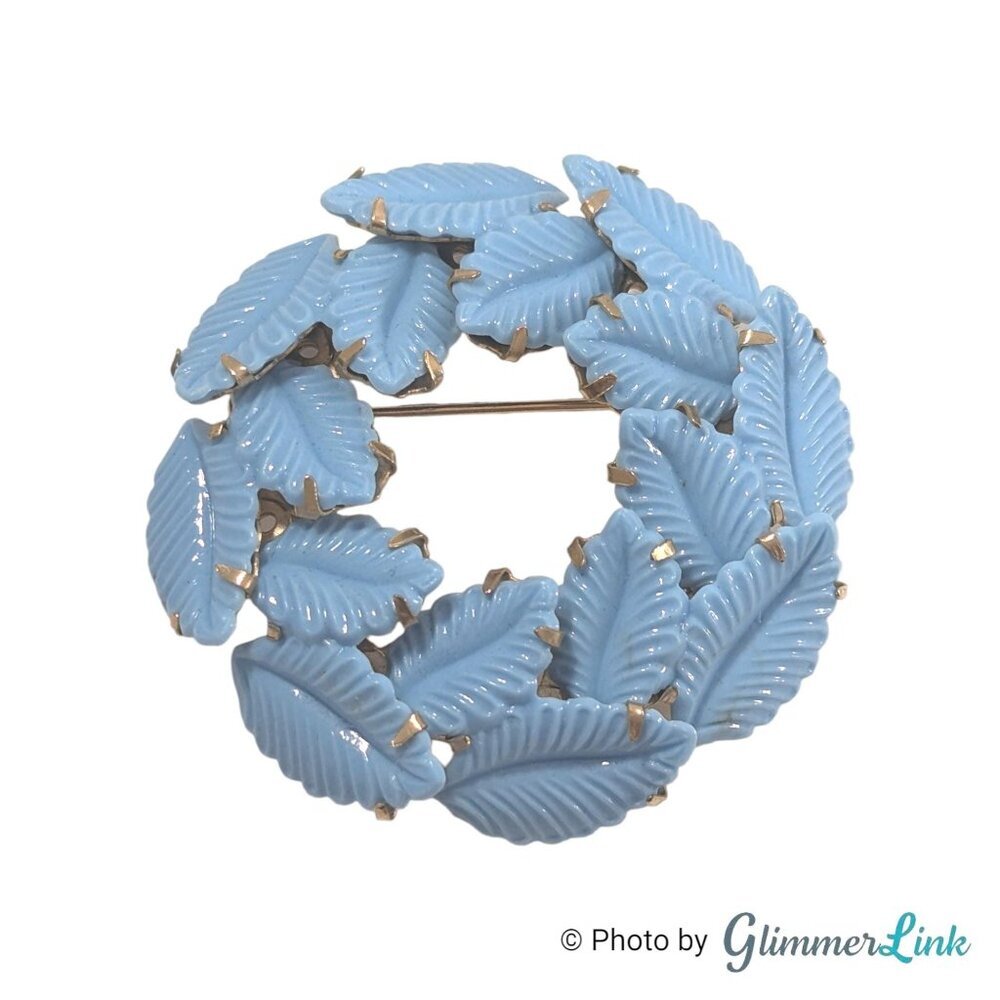 Vintage Blue Leaf Wreath Brooch Mid Century Thermoset Pin